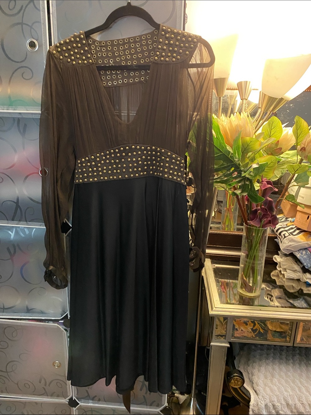 Black Studded Mesh-Panel Midi Dress